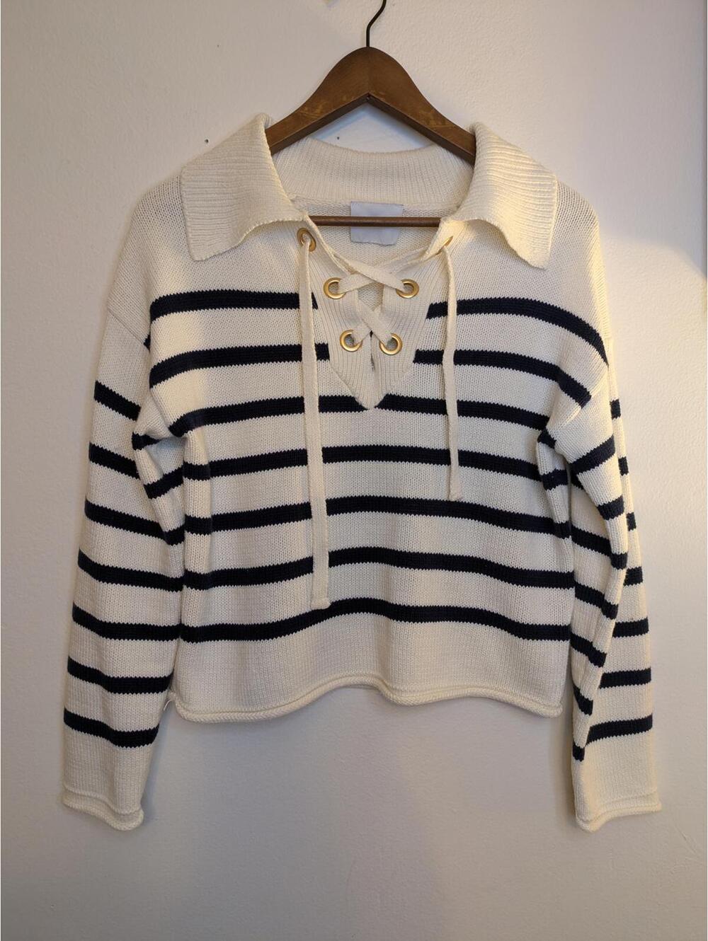 Pink Rose Women's Sweater Size XS Cream Navy Striped Lace Up Collar Cotton Blend